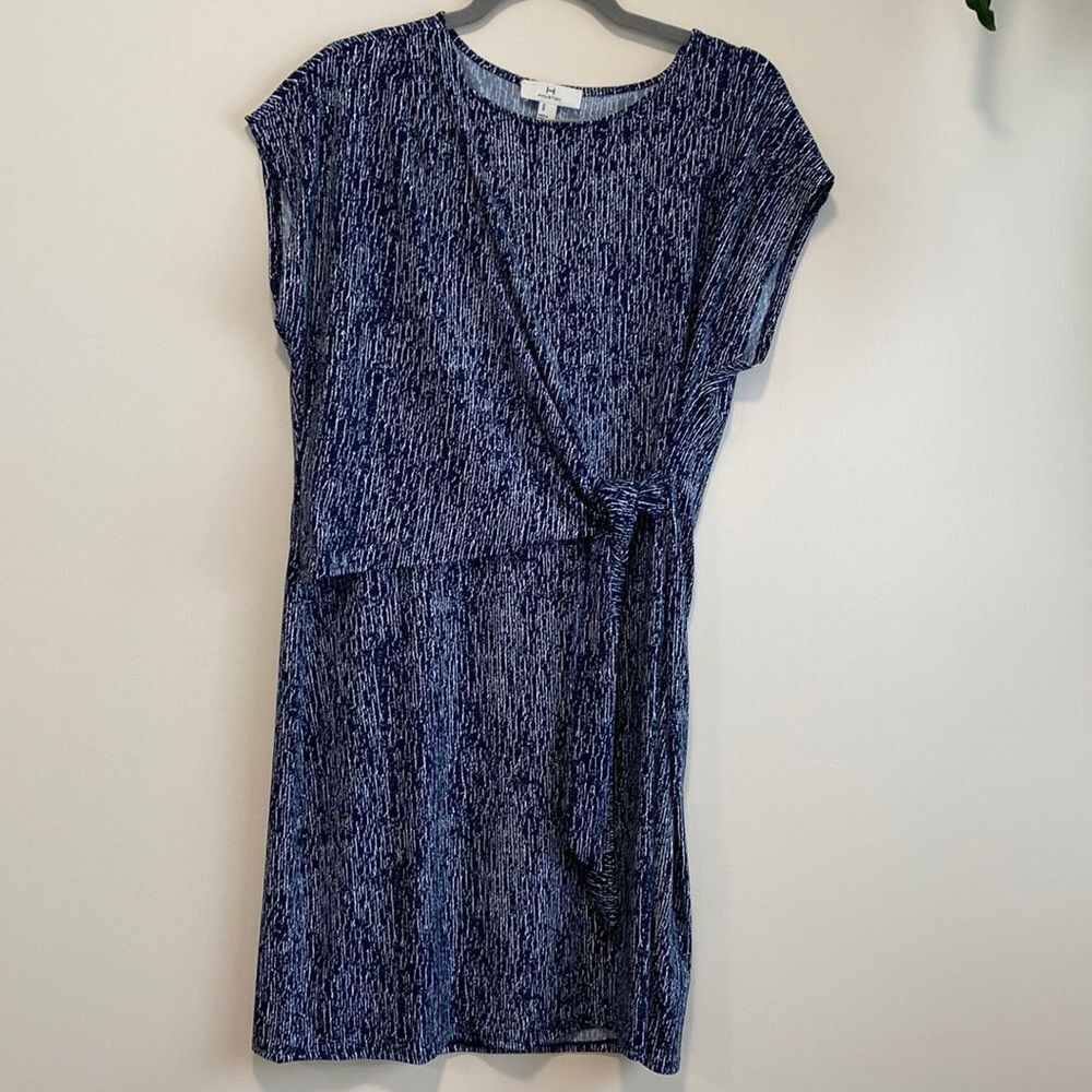 H Halston Blue Faux Wrap Abstract Print Midi Dress